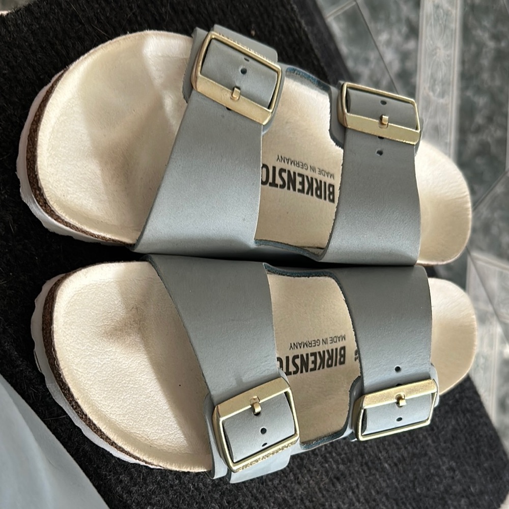 Birkenstock Sandals in Light Blue and Cream